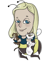 Vera is drawn as a caricature bee, holding her two cats